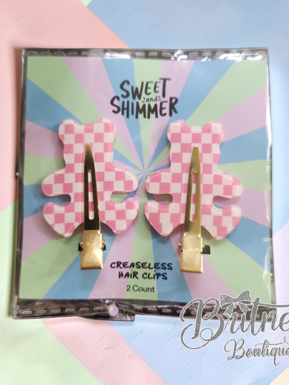 Pink Checkered Teddy Creaseless Hair Clips - 2 Count